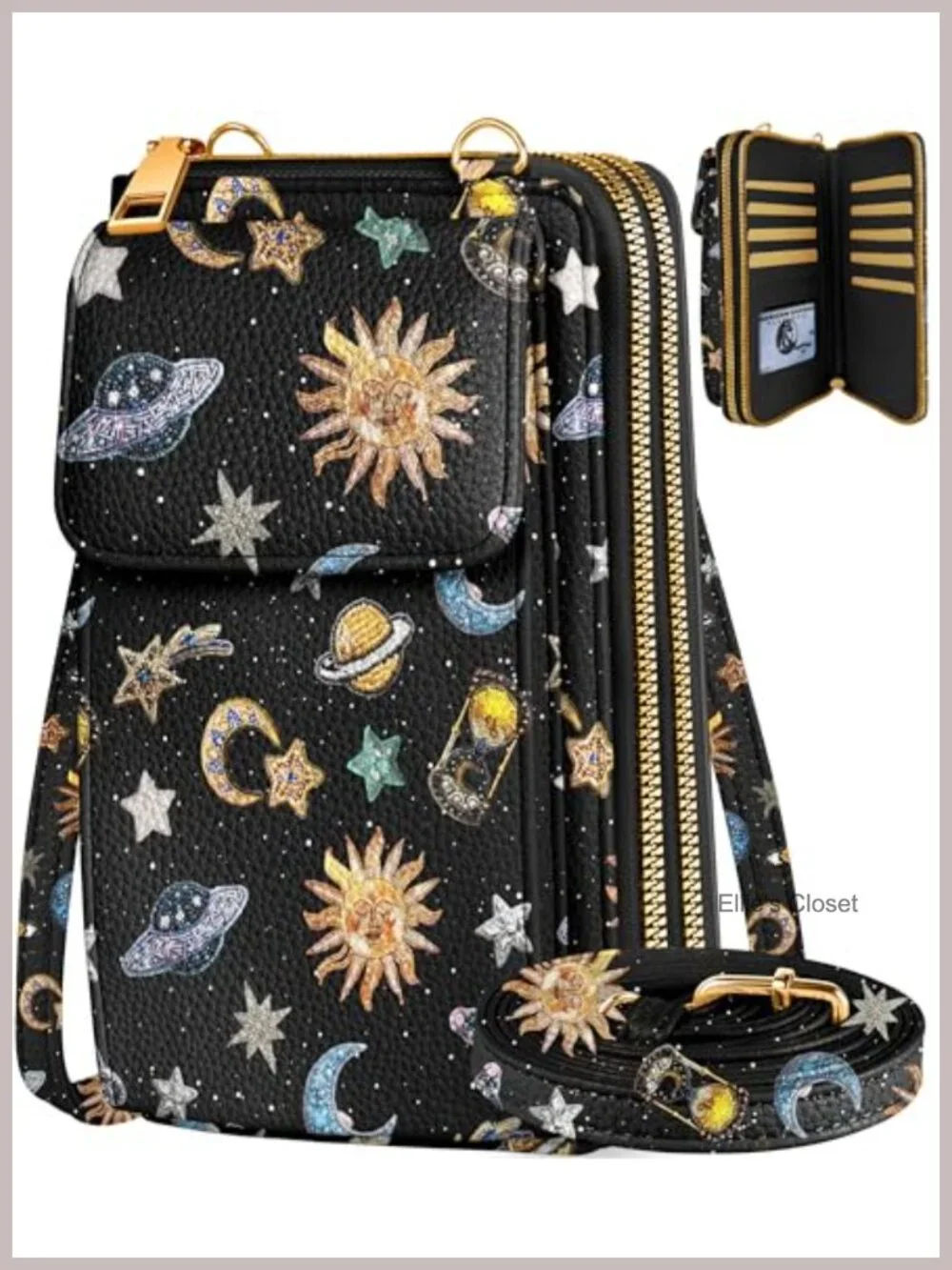 Vegan Leather Crossbody Phone Bag with 10 Card Slots, Adjustable Strap